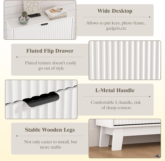 Shoe Cabinet Storage for Entryway with 3 Flip Drawers, Fluted Narrow Shoe Organizer with Wooden Legs, Freestanding Slim Shoe Storage Hidden Shoe Rack Organizer for Front Door Entrance, Hallway, White - Image 6