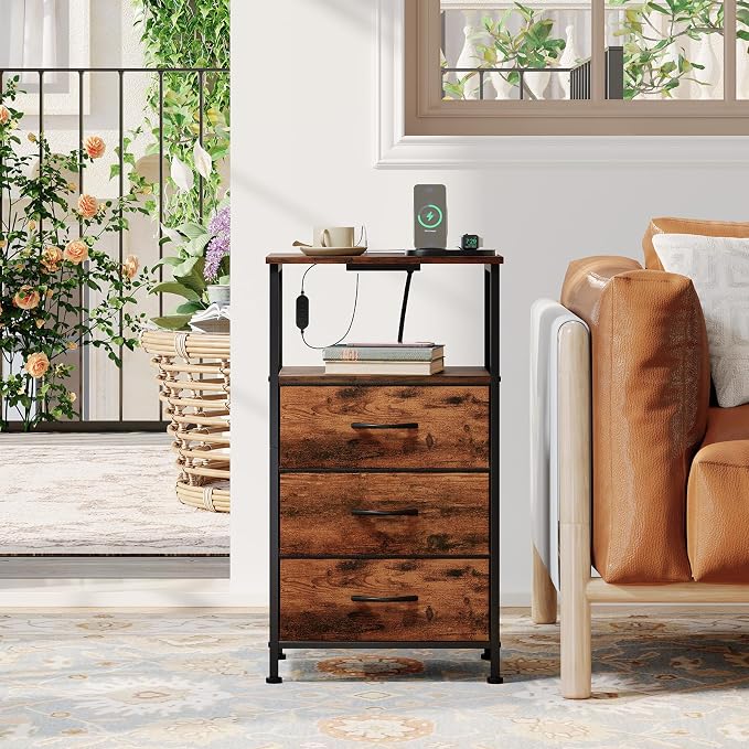 Somdot Tall Nightstand with Charging Station and LED Light for Bedroom, 3 Drawers Dresser with Fabric Bins for Bedside Kids Dorm Room Closet Laundry Entryway, Wood Grain Print - Image 7