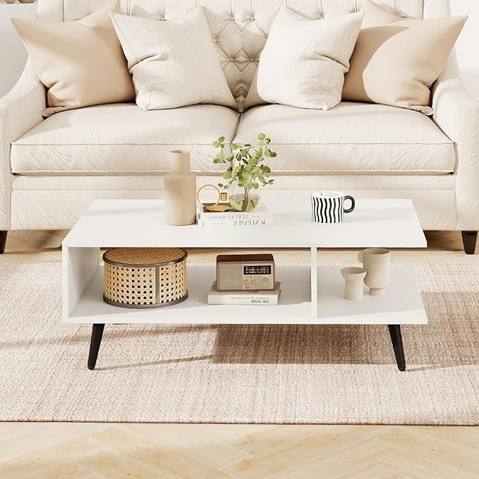 GOFLAME Wood Coffee Table, 2-Tier Mid Century Modern Center Table with 2 Open Storage Compartments & Metal Legs, Rectangular Accent Tea Tables for Living Room, Home Office, Apartment, White