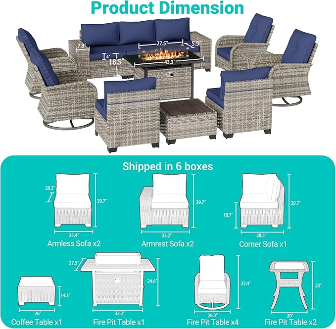 13-Piece Outdoor Patio Furniture Set with Rocking Swivel Chair, PE Wicker Rattan Sectional Sofa Patio Conversation Set with 55,000 BTU Fire Pit Table & Coffee Table, Navy Blue