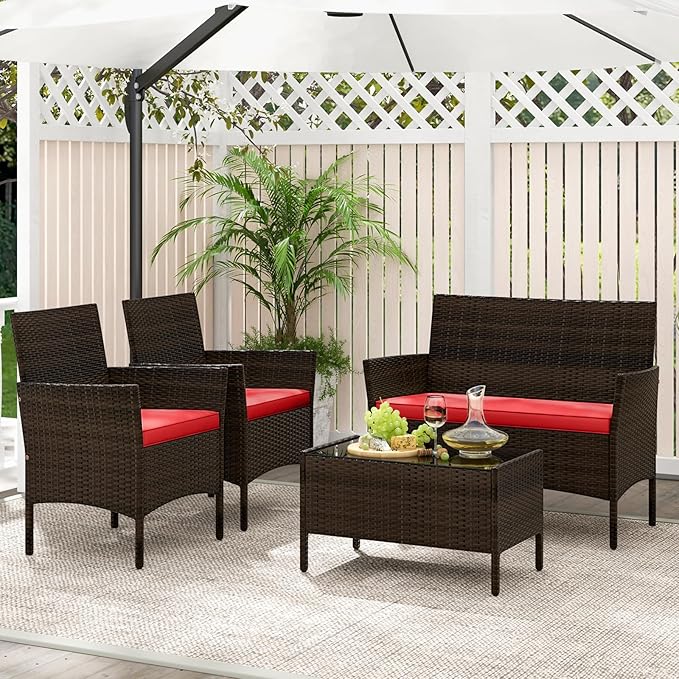 KOTEK 4 Piece Patio Furniture Set, Outdoor Rattan Conversation Set with Loveseat, Wicker Chairs, Tempered Glass Coffee Table, Wicker Patio Set for Backyard, Porch (Red)