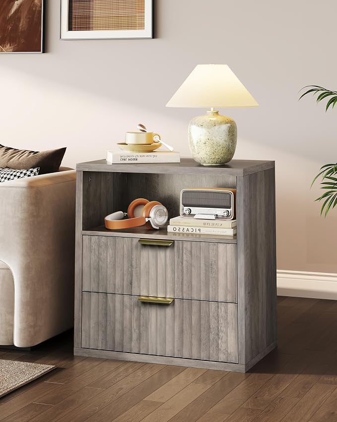 WLIVE Fluted Night Stand Set 2, Wood Nightstands Sets of 2 with Storage Drawers and Open Shelf, Mid Century Modern Bed Side Tables for Bedroom, Dorm, Greige - Image 4