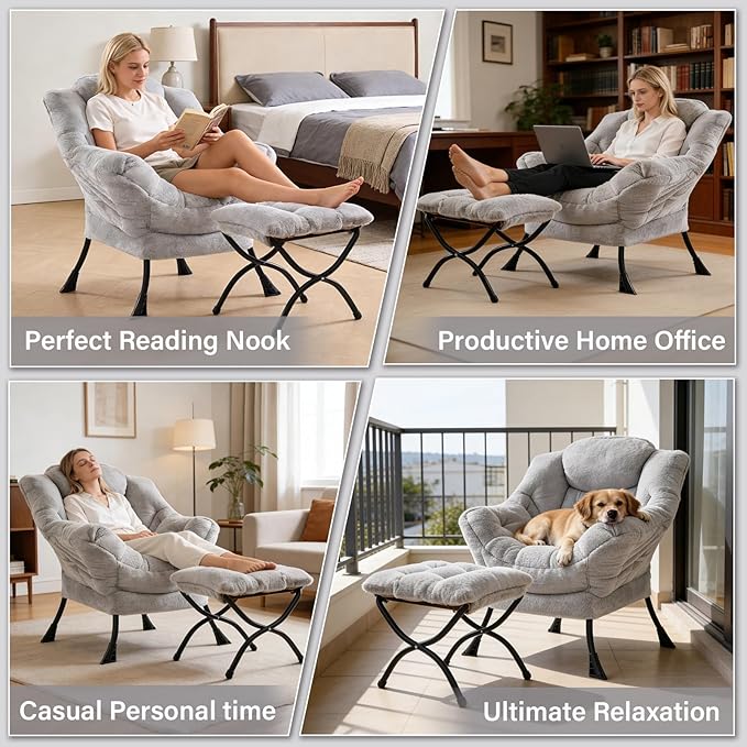 Plush Lazy Chair and Ottoman, Large Light Grey Contemporary Accent Chair with Side Pocket, Modern Leisure Upholstered Reading Armchair with Footrest for Office, Bedroom, Living Room, Balcony