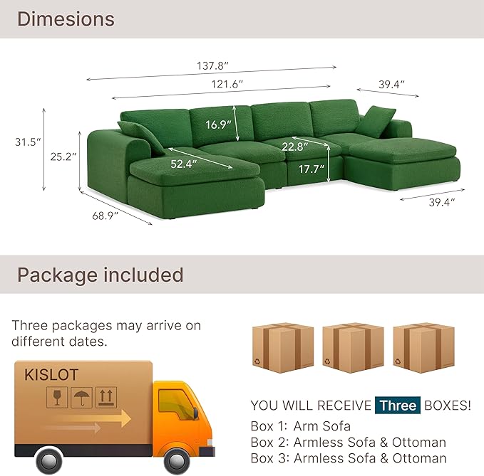 138" Boneless Cloud Couch Sectional No Assembly Required Modular Sofa with Deep Seat for Living Room U Shaped Couch with Ottoman Snowflake Fabric and Memory Sponge Moss Green