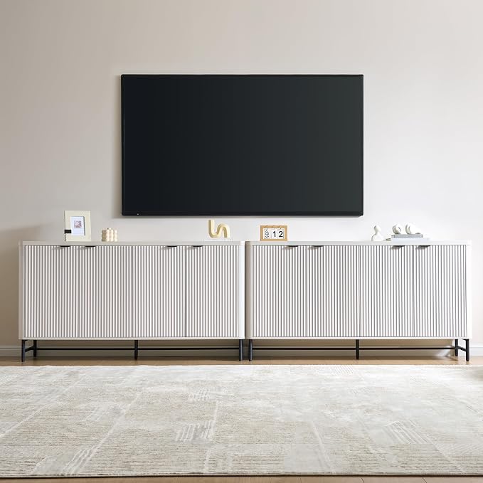 Fatmok 65" Large Sideboard Buffet Cabinet with Storage, Set of 2 Modern Fluted Credenza Accent Coffee Bar Console Tables with Doors & Adjustable Shelves for Living Room or Hallway, White by Fatmok