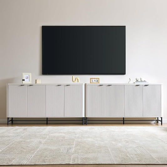 Fatmok 65" Large Sideboard Buffet Cabinet with Storage, Set of 2 Modern Fluted Credenza Accent Coffee Bar Console Tables with Doors & Adjustable Shelves for Living Room or Hallway, White by Fatmok