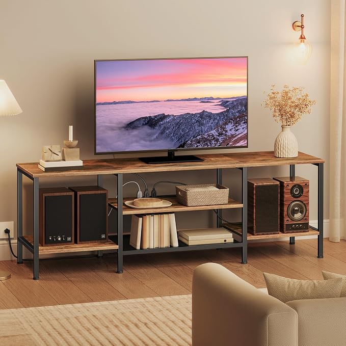 HOOBRO TV Stand with Power Outlets to 75 Inches, TV Console Table with Open Storage Shelves Cabinet, Industrial Media Entertainment Center for Living Room Bedroom, Rustic Brown and Black BF60DS01 by HOOBRO