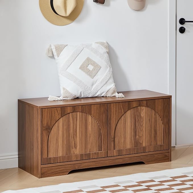 BERRYMERRY 39.4" Fluted Shoe Storage Bench for Entryway,2 Tier Shoe Cabinet Bench with Adjustable Shelf,Bench for Bedroom End of Bed (Walnut, 13.8”D x 39.4”W x 18.5”H) by BERRYMERRYFURNITURE