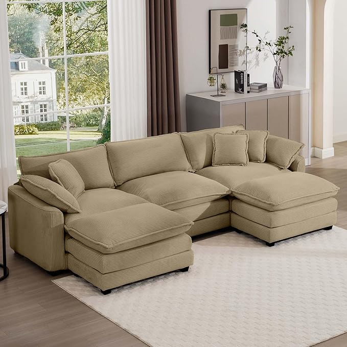 KEIKI 115" U-Shaped Oversized Corduroy Modular Sectional Sofa with 2 Ottoman, High-Density Foam Cushions, Removable Armrests, Upholstered 3-Seater Corner Couch with 5 Pillow, for Living Room, Tan