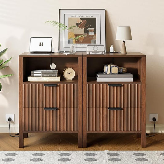 Nasonet Night Stand Set 2, Fluted End Table Set of 2, Modern Nightstand with Charging Station, Wood Bedside Table with Storage Drawer for Bedroom, Walnut by Nasonet