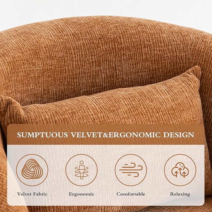 360° Swivel Accent Chair, Modern Velvet Barrel Chair with Arms and Pillow, Upholstered Single Sofa for Living Room, Bedroom, Office, Orange