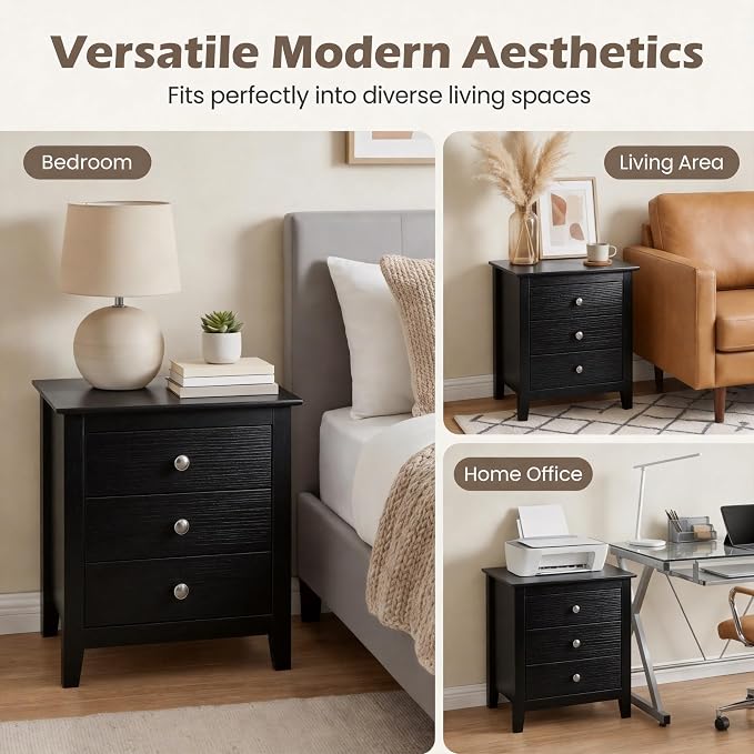KOMFOTT Modern Farmhouse Nightstand with 3 Drawers, Bedside Table with Wood Grain Fronts & Sleek Knobs, Wooden End Table Sofa Side Table for Bedroom Small Spaces (Black,1) - Image 6