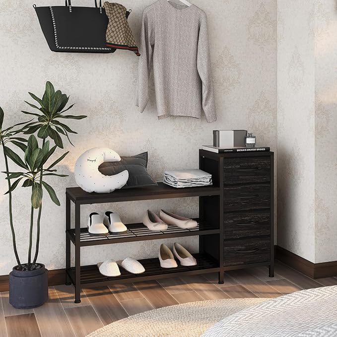 EXOTICA 3 Tier Entryway Bench Shoe Storage Bench with 4 Fabric Drawers Metal Frame and Wooden Board Shoe Rack Bench with Seat for Entryway Hallway Front Door Doorway - Image 7