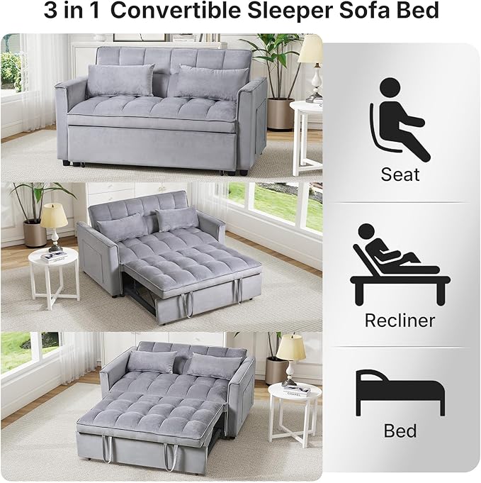 Rovibek 3 in 1 Sleeper Sofa Bed, 53'' Pull Out Couch Convertible Futon Loveseat with Adjustable Backrest, Velvet Sleeper Chaise Lounge Futon for Apartment Office Small Space, Grey
