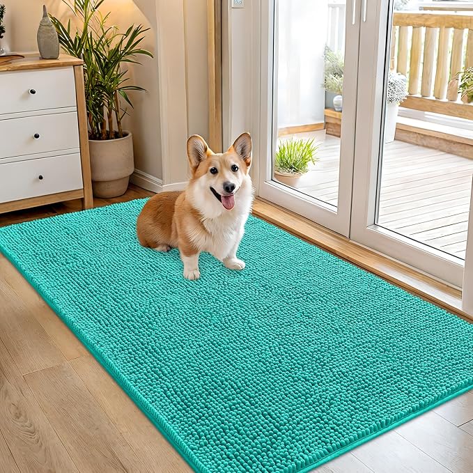 OLANLY Dog Door Mat for Muddy Paws 54x32, Absorbs Moisture and Dirt, Absorbent Non-Slip Washable Doormat, Quick Dry Chenille Mud Mat for Dogs, Entry Indoor Entryway Carpet for Inside Floor, Teal by OLANLY