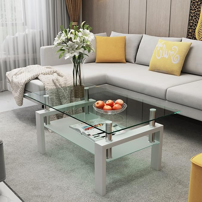 IANIYA Glass Coffee Table, Living Room Rectangle Coffee Table with Tempered Glass & Metal Tube, 2 Layers of Storage Space Modern Tea Table Side Table for Waiting Room Small Space