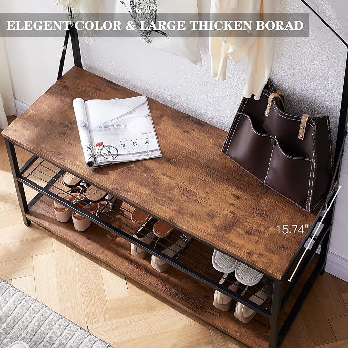 3-in-1 Entryway Coat Rack,Vintage Industrial Hall Tree 72 Inch with Storage Bench and Coat Racks Entryway Storage Shelf Organizer with 9 Hooks， Large Size, Wood Look Accent Furniture with Metal Frame - Image 5
