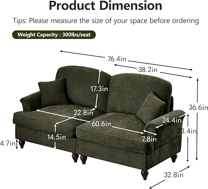 KEIKI Mid Century Modular Sofa with Flared Arms and Skirted Design, 76" Loveseat Chenille Sectional Couches for Living Room, Comfy Apartment Size Couch, Home Sofa Bedroom Furniture, Green