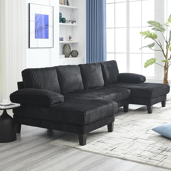 U Shaped Couch, 4-Seat Sectional Sofa with Double Chaise, Oversized Corduroy Cloud Couch for Living Room, Apartment, Black