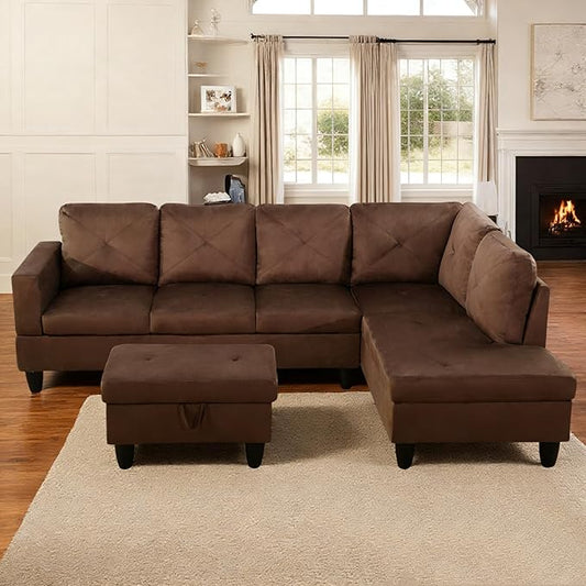 NicBex Modular L-Shaped Sectional Couches, 3-Piece Convertible Couch with Storage Ottoman, 4-Seat Comfy Sofa with Chaise for Living Room & Apartment, Brown