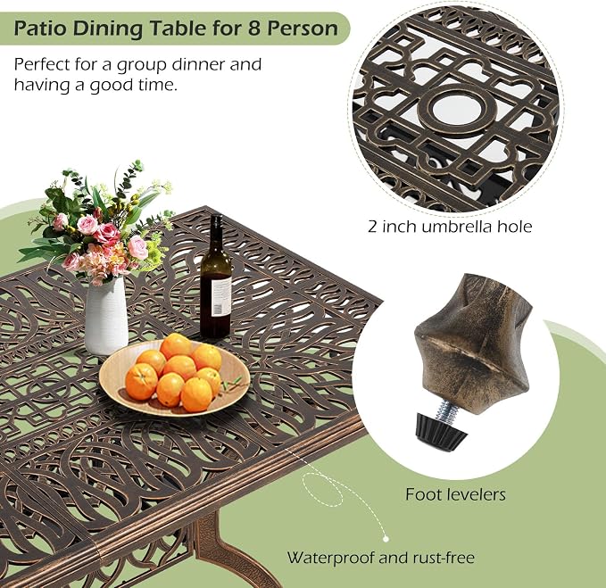 [Hi-End]9-Piece Outdoor Dining Set All Aluminum Patio Table and Chairs Set with 2 Swivel Chair & 6 Patio Chair Outdoor Dining Table Set for 8 Include 86.6’’ Rectangular Patio Table with Umbrella Hole - Image 4