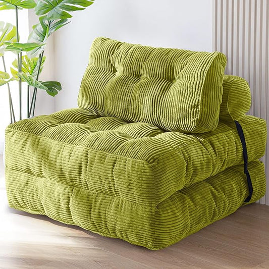 MAXYOYO Folding Sofa Bed, Convertible Sleeper Chair with Pillow Foldable Mattress with Back Support, Portable Fold Out Chair Bed Comfy Floor Sofa Lounge for Living Room Bedroom, Beige, Green