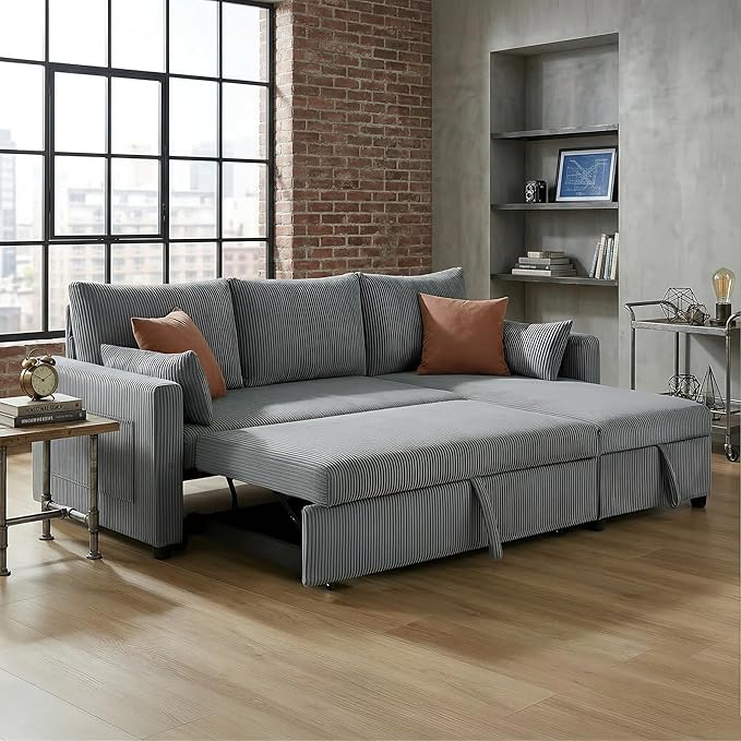 Casaphoria 85" Corduroy Sleeper Sofa with Pull Out Bed & Storage Chaise, L-Shaped Sectional Couch for Small Apartment, Living Room & Guest Room, 3-Seat Convertible Sofa Bed, Dark Gray