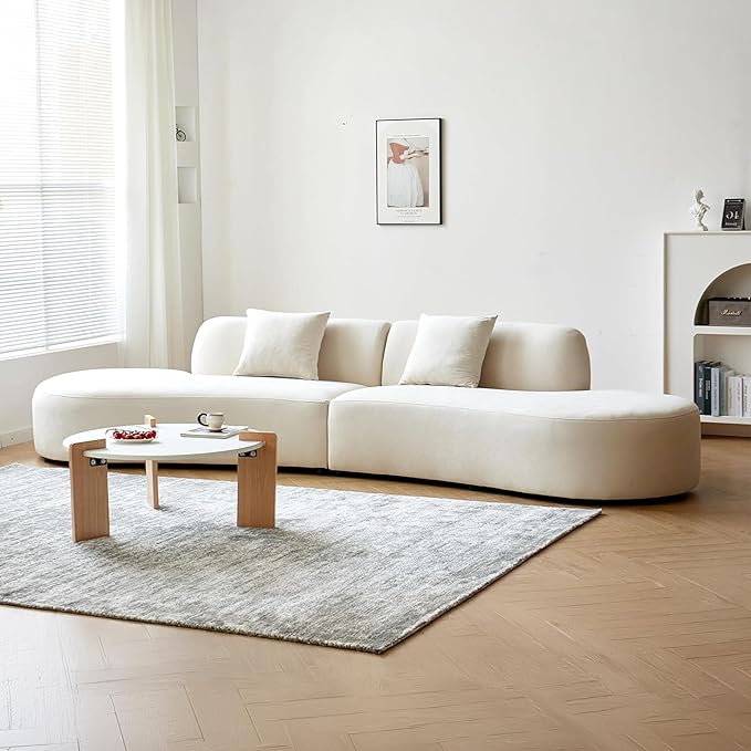 132" Curved Sofa with Throw Pillows, 6 Seater Luxury Velvet Couch with Half Moon Design and High-Density Foam, Ideal for Modern Living Room, Office & Apartment, Ivory