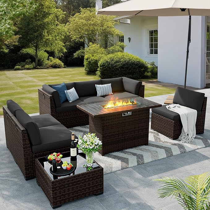 8 Pieces Outdoor Patio Furniture Set with 44" Fire Pit Table Rattan Sectional Conversation Sets w/Gas Fire Pit, Coffee Table, 1 Waterproof Covers, Dark Grey