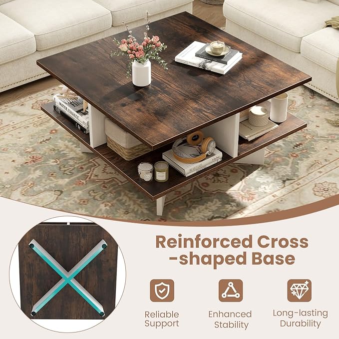 Giantex Square Coffee Table, Mid Century Modern Center Table with 4 Storage Compartments & Cross-Shape Base, 24 Inch Farmhouse Coffee Tables for Living Room (Brown)