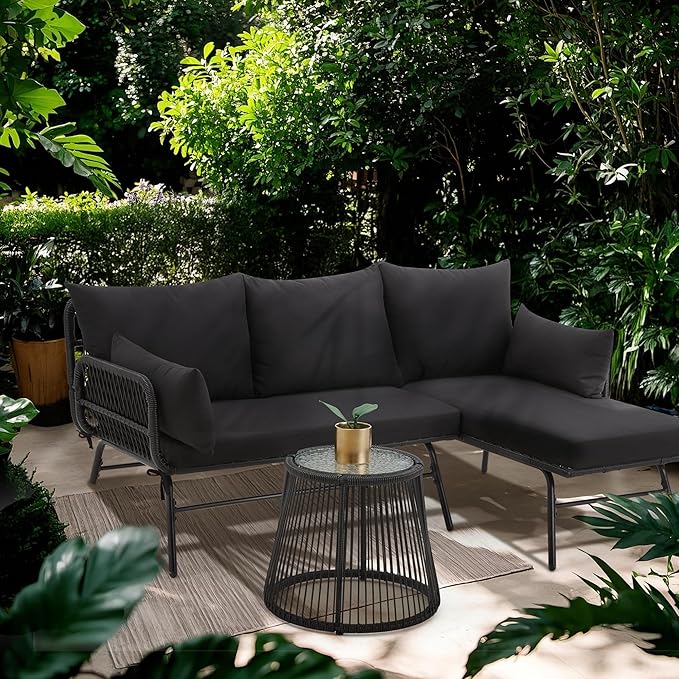 Bezseller 3-Piece Outdoor Patio Furniture Set – L-Shaped Rattan Sectional Sofa with Detachable Lounger, Glass Coffee Table & 4" Cushions – All-Weather PE Wicker for Backyard, Porch, Poolside