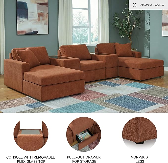 Signature Design by Ashley Contemporary Modmax Stain Resistant U-Shape Symmetrical 5-Piece Pit Sectional with Storage Consoles and Reversible Cushion, Orange