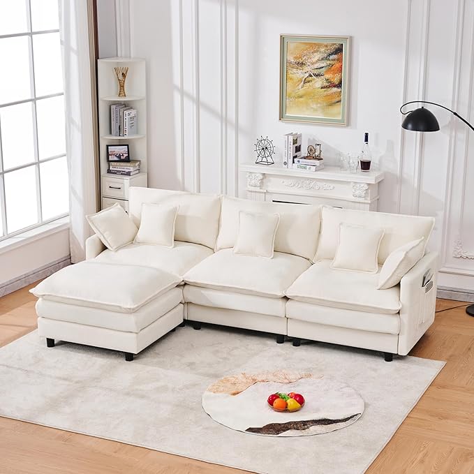 102" Modular Sectional Sofa, Premium Chenille Cloud Couch with Reversible Ottoman, L-Shaped Oversized Sofa with Side Storage Pockets for Multi-Scene Living Room & Home Office