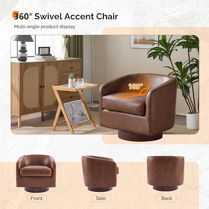 VINGLI 360°Swivel Accent Chair with Engineered Wood Base and Removable Cushion for Living Room, Bedroom, Curved Back Barrel Chair for Small Space, Upholstered Bucket Armchair, Pu-Brown
