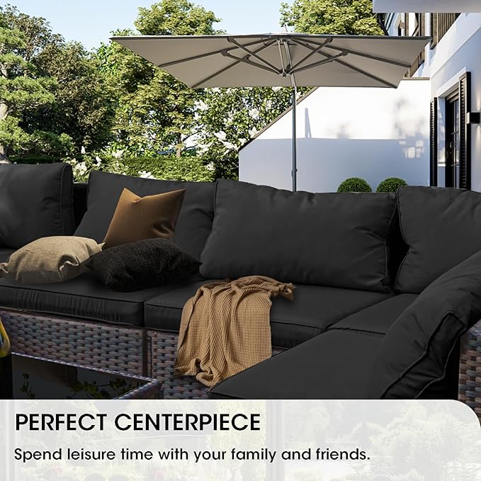 Grezone Patio Furniture Set 7 Piece Outdoor Wicker Sectional Sofa - All Weather High Backrest PE Rattan Couch Conversation Set with Cushion & Glass Top Table for Backyard Deck Porch Black