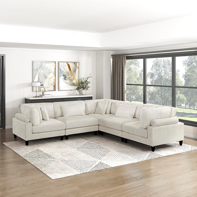 Lexicon 120 Inch Modular Sectional Sofa - Oversized 5 Seater Microfiber L Shaped Sectional Couch, 8 Accent Pillows, and Flexible Arrangement for Modern Living Rooms, Beige
