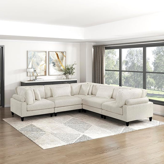 Lexicon 120 Inch Modular Sectional Sofa - Oversized 5 Seater Microfiber L Shaped Sectional Couch, 8 Accent Pillows, and Flexible Arrangement for Modern Living Rooms, Beige