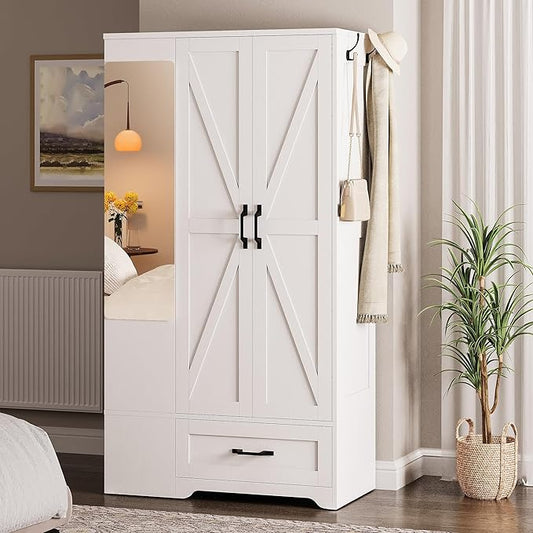 LIKIMIO Armoire Wardrobe Closet with Barn Doors and Drawers and Full Mirror and 5 Storage Shelves 70" Wooden Bedroom Wardrobe Combination for Hanging Clothes, White