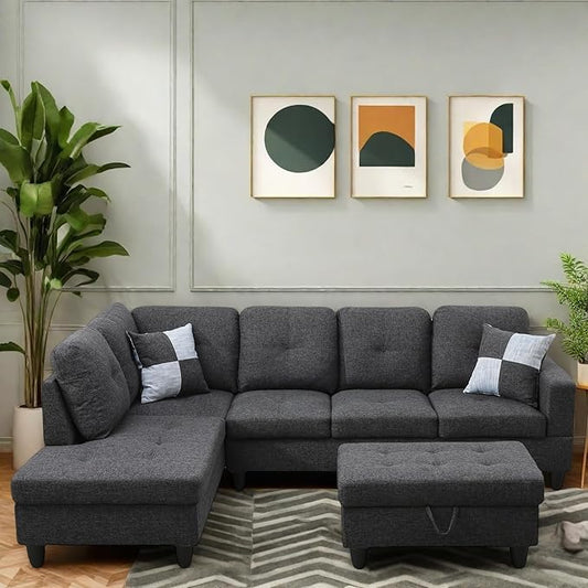 Sectional Couches for Living Room Furniture Sets, 4 Seat U Shaped Sectional Couch with Storage, Adjustable Couch with Armrests and Ottoman for Apartment, Grey