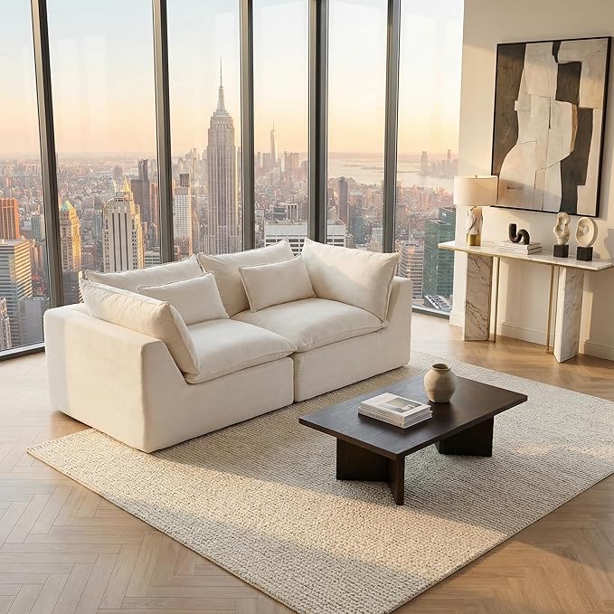Chenille Modular Sectional Sofa Couch, Boneless Loveseat Cloud Couch for Living Room, Upholstered Compression Sofa in A Box w/Layers Seat Cushions, No Assembly Required | Plush, Wider Armrest
