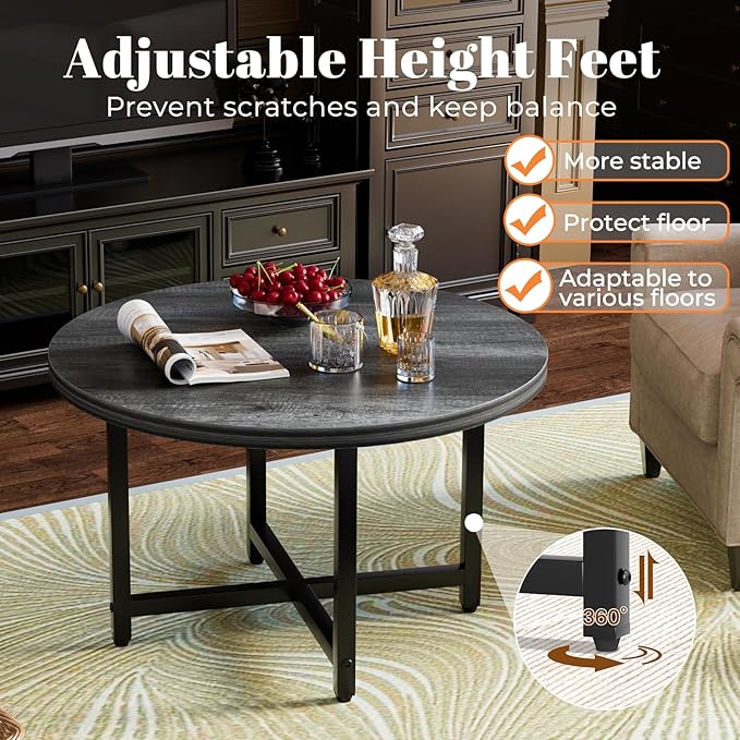 Round Coffee Table, Small Coffee Tables for Living Room, Wood Coffee Table with Metal Frame, Floor Table Desk for Sitting on The Floor, Home, Office, Farmhouse, Dark Gray (23.6" D x 17.7" H)
