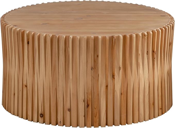 Round Wood Coffee Table, Drum Center Table with Fluted Pattern, 31.5 Inch Farmhouse Circle Coffee Table for Living Room, Office, Outdoor, Natural