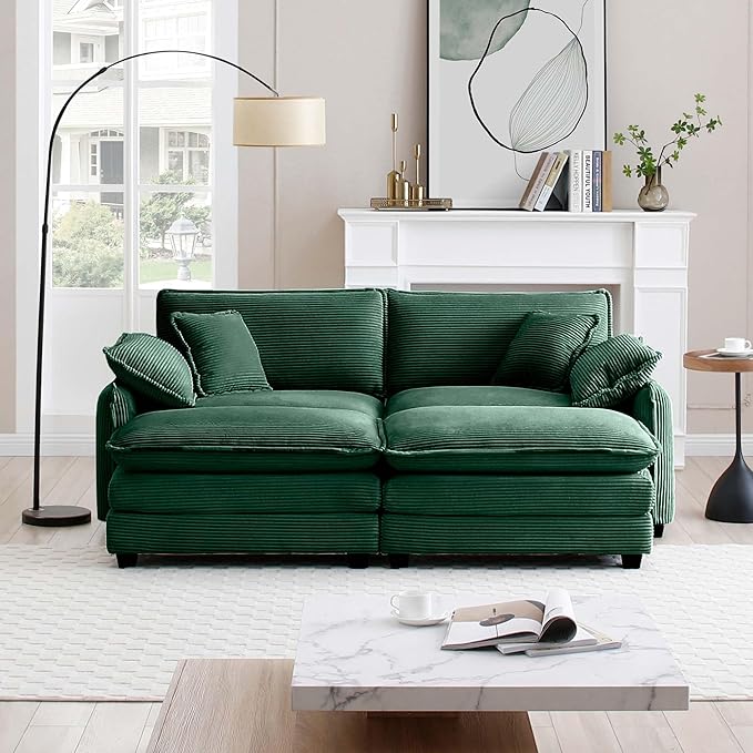 KEIKI 81" Oversized Corduroy Modular Sectional Loveseat Sofa with 2 Ottoman, High-Density Foam Cushions, Removable Armrests, Upholstered 2-Seater Corner Couch with 4 Pillow, for Living Room, Green