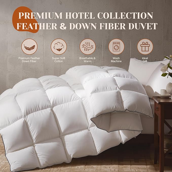 Goose Feather Down Fiber Cotton Comforter California King Size, Ultra-Soft Duvet Insert, Hotel Collection White Quilted Comforter, All Season Bedding Comforter with 8 Corner Loops, 104x96 Inch