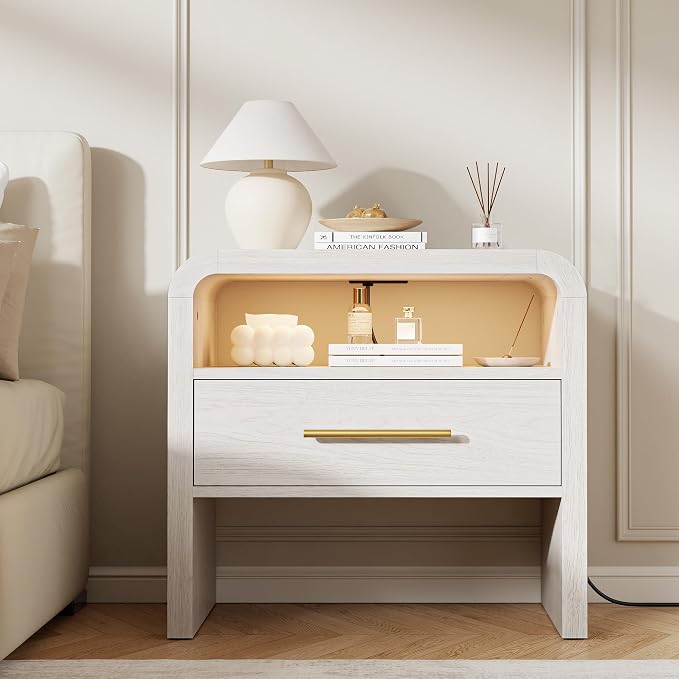 Fatmok Nightstand with Charging Station Set of 2, 24" Wooden Bedside Table with Drawer and Open Storage, Curved Profile Design End Table with 3-Color LED Light & Metal Handle for Bedroom(Cream White) - Image 3