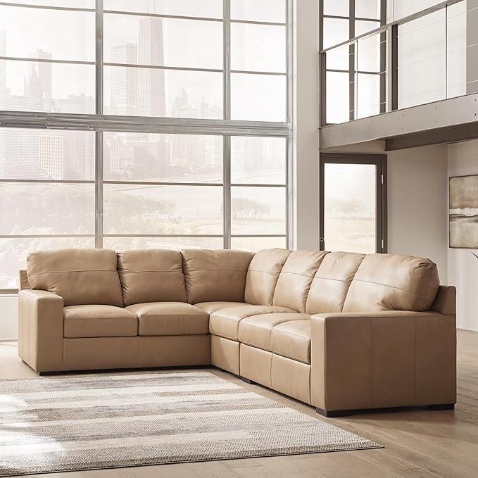 Signature Design by Ashley Bandon Modern Leather Match Left-Arm Facing 3-Piece Sectional with Removable Cushions and Armrest, Light Brown
