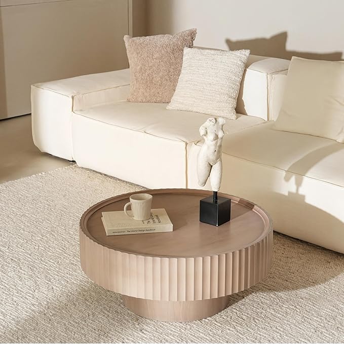 Round Coffee Table, 30.3in Modern Living Room Table, Fluted Drum Circle Tea Table with Storage, Accent Center Tables for Living Room, Apartment, Small Space(30.3''L×13.7''H)