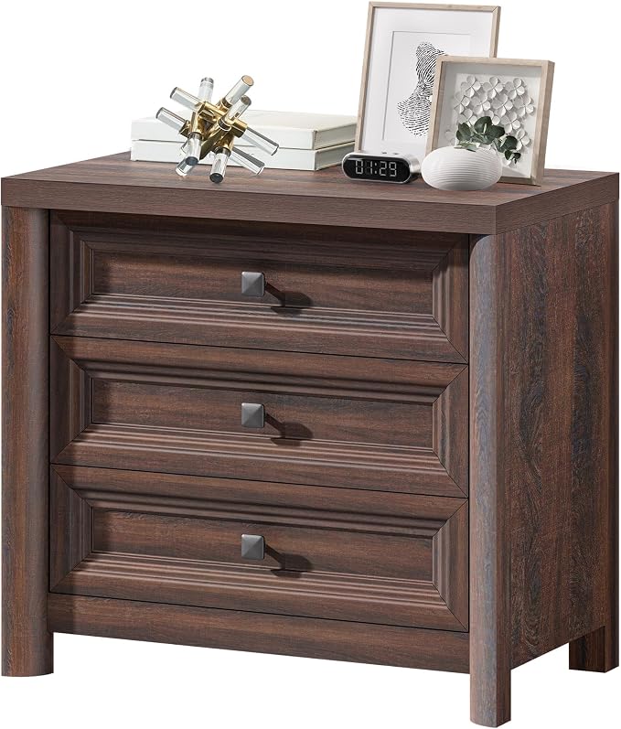 Farmhouse Walnut Nightstand, Large Nightstand with 3 Drawers, Wood Night Stand for Bedroom, Modern End Table for Living Room Closet, 26.7” Wide with Metal Knobs by StandifurnoFurniture