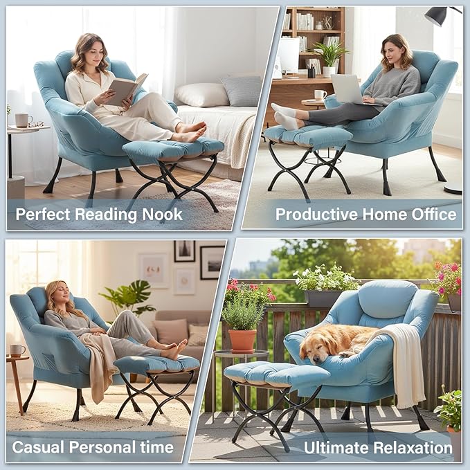 Cozy Lazy Chair and Ottoman, Large Contemporary Velvet Blue Accent Chair Set, Modern Leisure Upholstered Reading Armchair for Office, Bedroom, Living Room, Dorm Rooms, Balcony