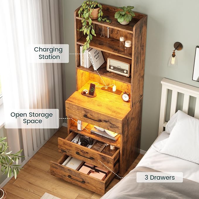 AOGLLATI Tall Night Stand Set of 2, Nightstand with Charging Station and LED Lights, Rustic Brown Bedside Table with Bookshelf, 3 Drawers and Open Shelves, Modern End Side Table for Bedroom - Image 5